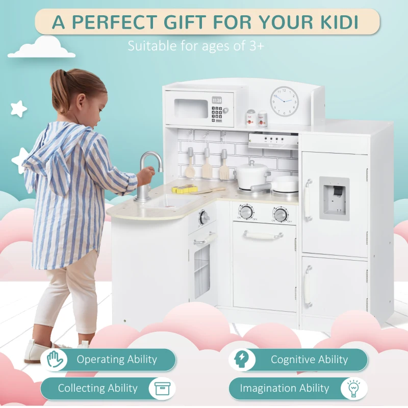 Qaba Corner Kids Kitchen Playset, Wooden Pretend Toy Kitchen Set with Drinking Fountain, Microwave, Fridge and Accessories, Pretend Play Kitchen for 3+ Years, White