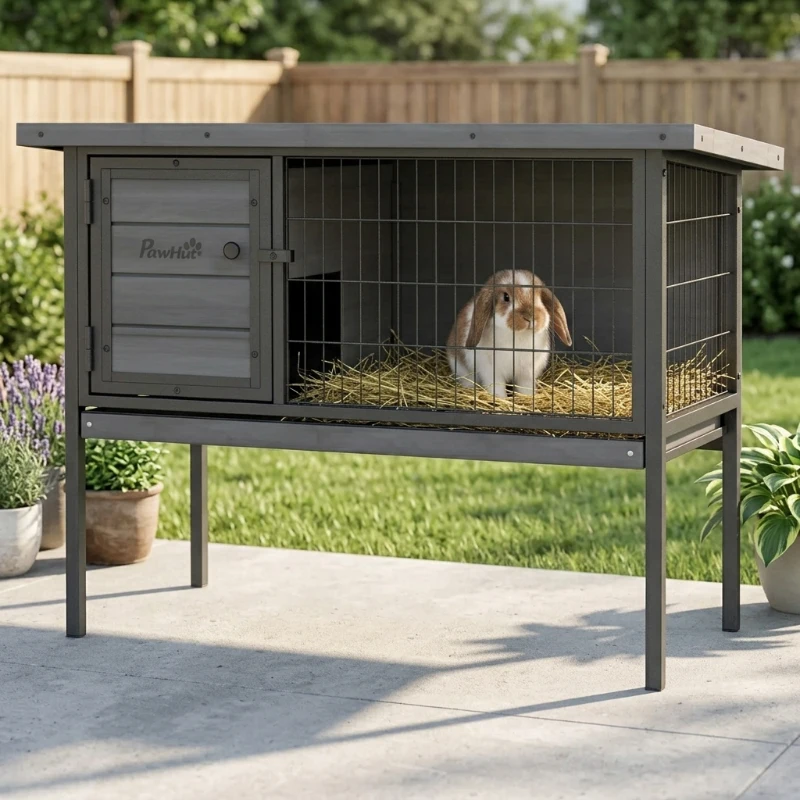 PawHut Wooden Rabbit Hutch Elevated with No Leak Tray, Openable Roof for Indoor/Outdoor, Gray
