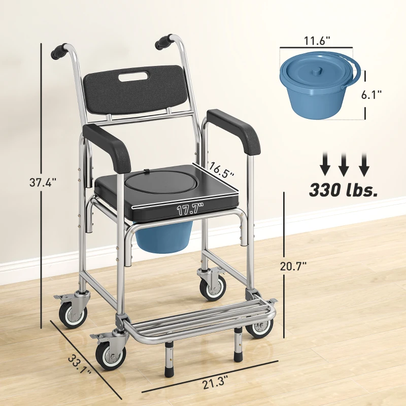 HOMCOM 3-in-1 Shower Commode Wheelchair, Accessible Transport Commode Medical Rolling Chair, Black