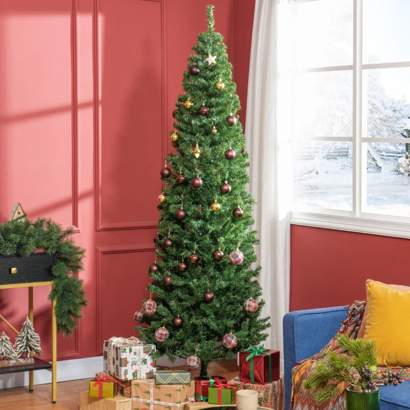 HOMCOM 7 FT Artificial Christmas Tree Pencil Xmas Tree with Stand, 818 Tips, Holiday Home Indoor Decoration for Party, Green