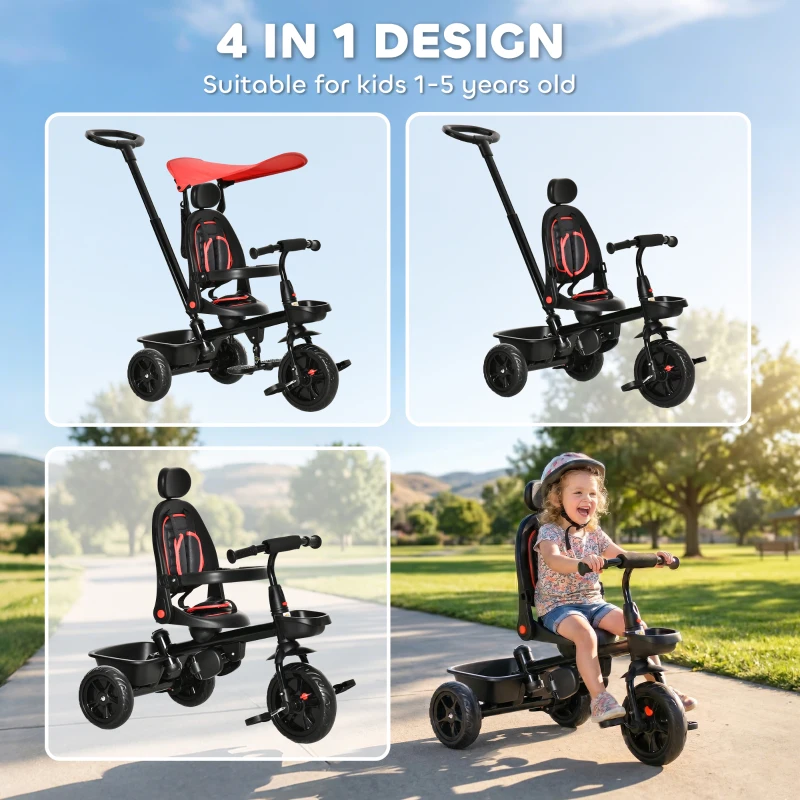 Qaba Kids Tricycle 5 In 1 Trike with Reversible Angle Adjustable Seat Removable Handle Canopy Handrail Belt Storage Footrest Brake Clutch for 1-5 Years Old Red