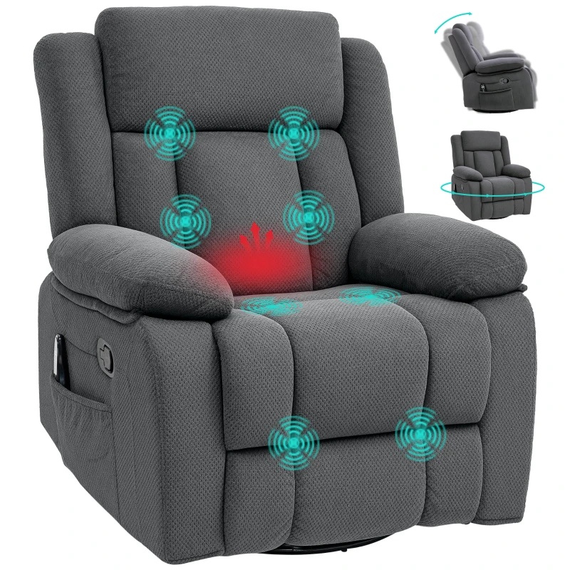 HOMCOM Recliner Massage Armchair with Heat, Oversized Swivel Rocker with Footrest, Remote and Side Pockets, Gray