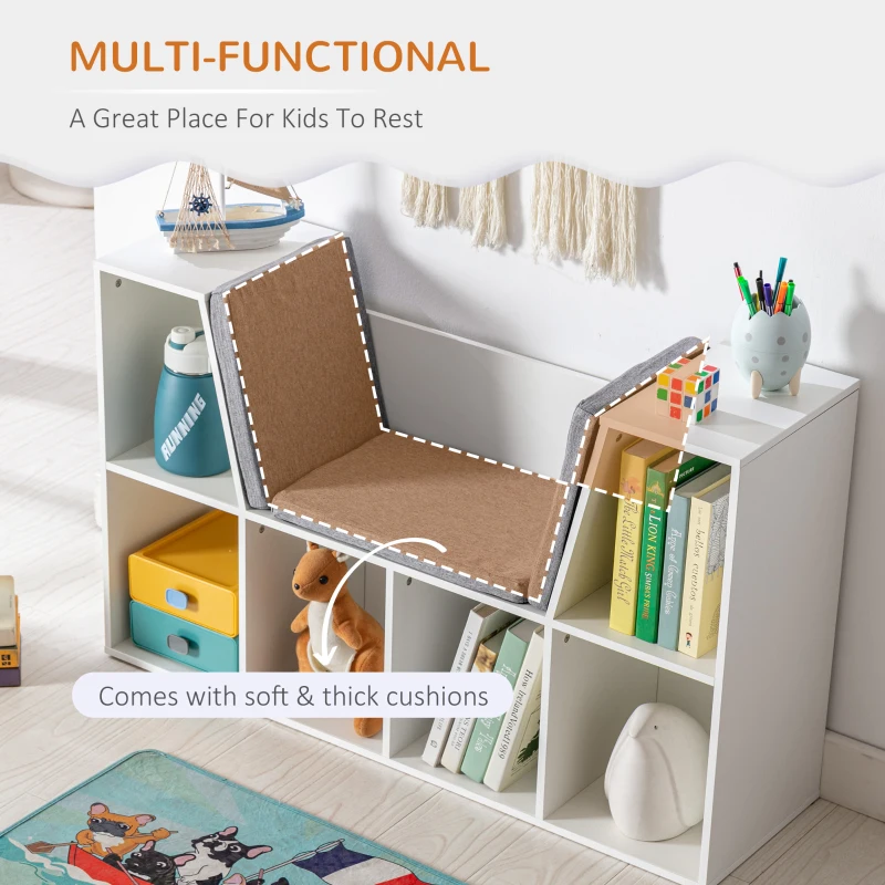 HOMCOM 6-Cubby Kids Bookcase with Reading Nook and Cushion, Multi-Purpose Storage Organizer for Bedroom, Living Room, Pure White