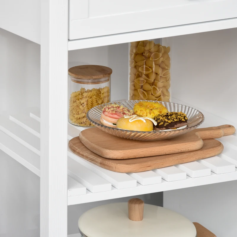 HOMCOM Rolling Kitchen Island with Storage, Kitchen Cart with Solid Wood Top, Glass Door Cabinet, Adjustable Shelf, Towel Rack, 2 Drawers for Dining Room, White