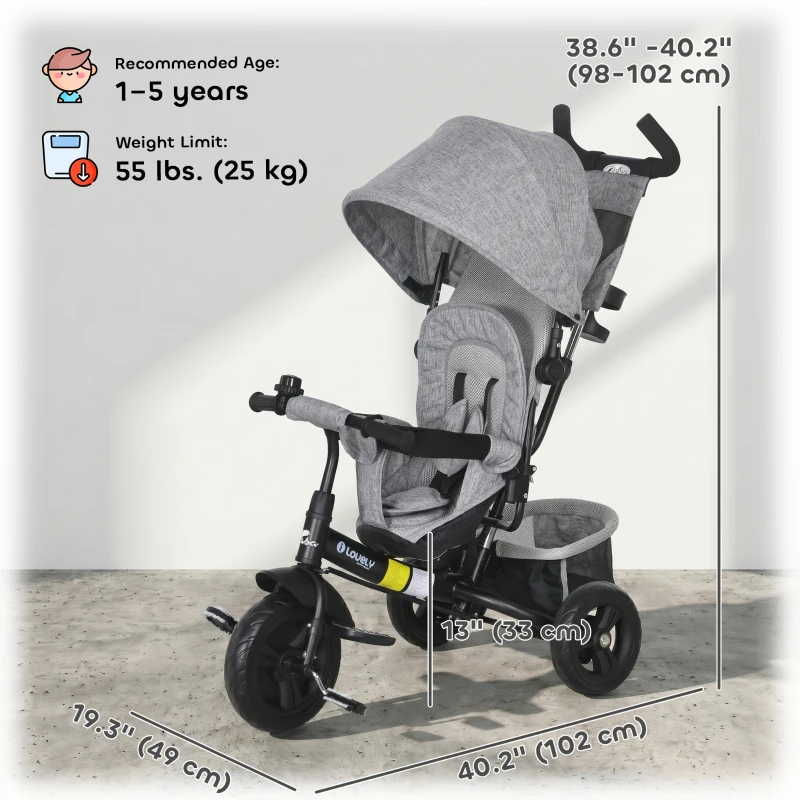 Qaba 6 in 1 Tricycle for Toddler 1-5 Years with Parent-Push Handle, Grey