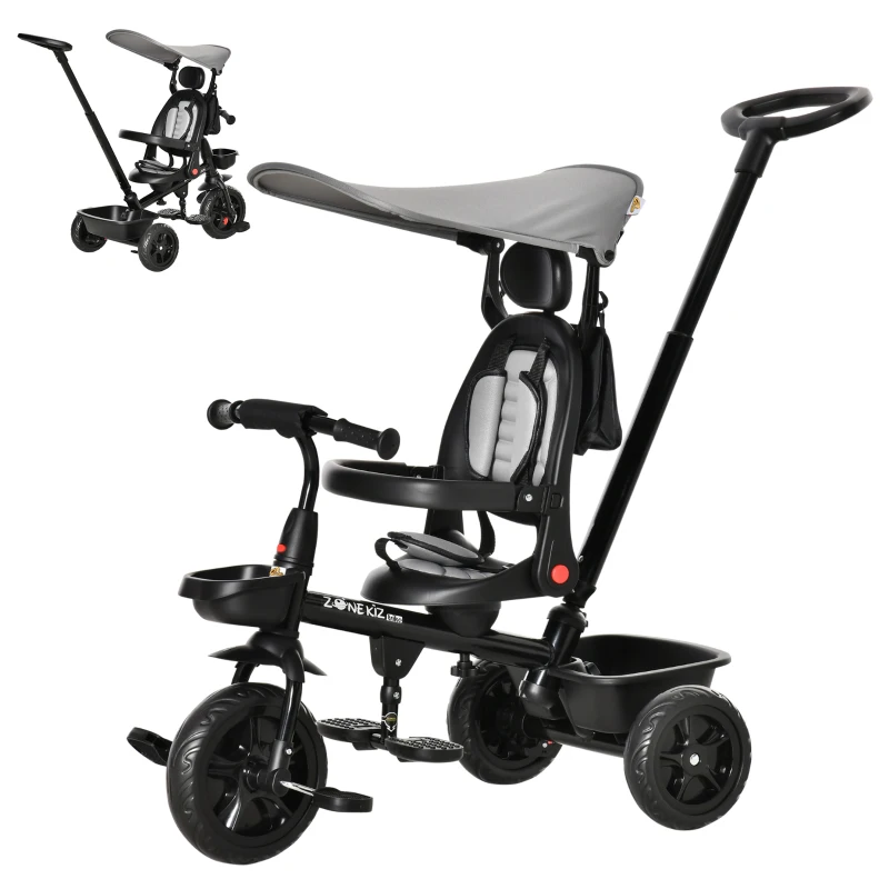 Qaba Tricycle for Toddler 5 in 1 Kids Trike, Converts Stroller to Toddler Bike, Adjustable Backrest & Flat Canopy, Detachable Guardrail & Handle for 1-5 Years Old, Grey