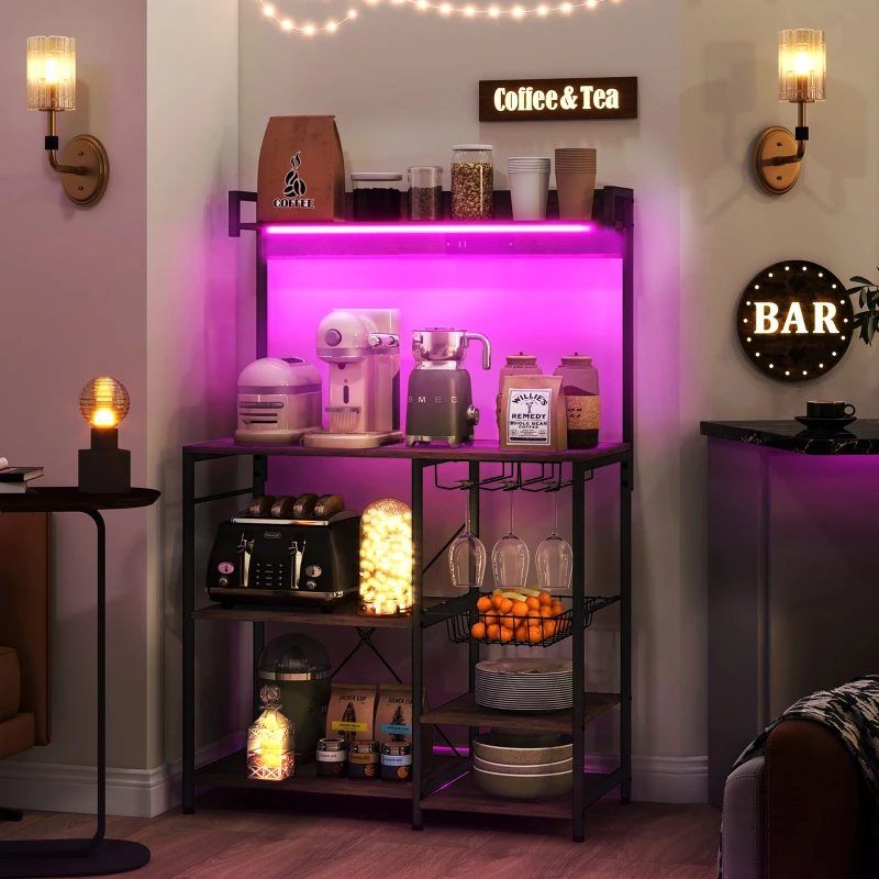HOMCOM Industrial Kitchen Bakers Rack with Charging Station, RGB Lights, Glass Holders and Open Shelves, Rustic Brown