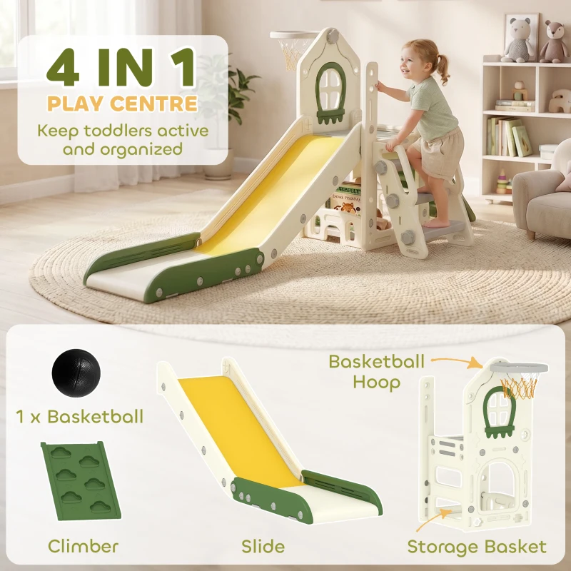 Qaba Foldable 5 in 1 Toddler Slide with Ladder, Climbing Wall, Basketball Hoop, Storage and Basketball for 1-3 Years, Cream