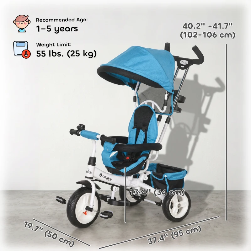 Qaba 6 in 1 Toddler Tricycle Stroller with Basket, Canopy, 5-point Safety Harness, for 12-60 Months, Blue