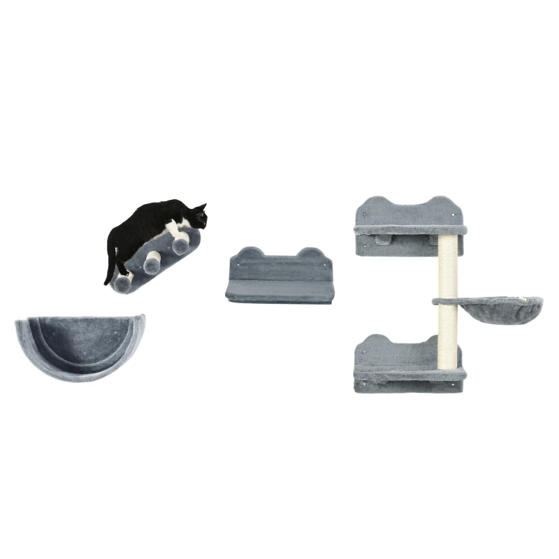 PawHut Cat Wall Shelves, 3PCs Cat Shelves with Hammock, Scratching Post, 3 Steps, Jumping Platforms, Wall Mounted Cat Climber, Grey