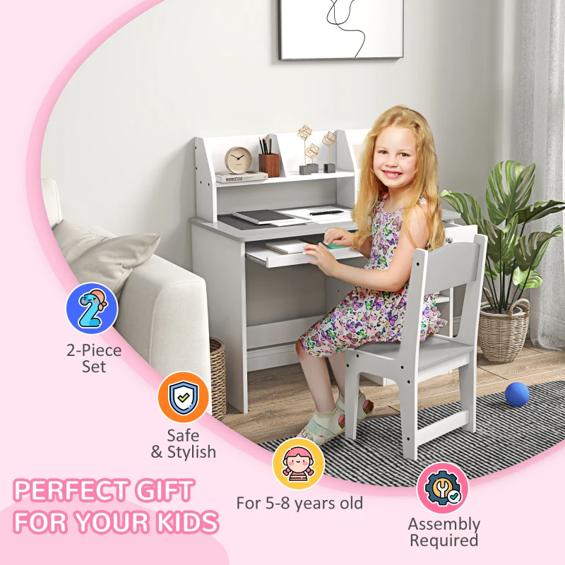 Qaba Kids Desk and Chair Set for 5-8 Year Old with Storage, Study Table and Chair for Children, Grey
