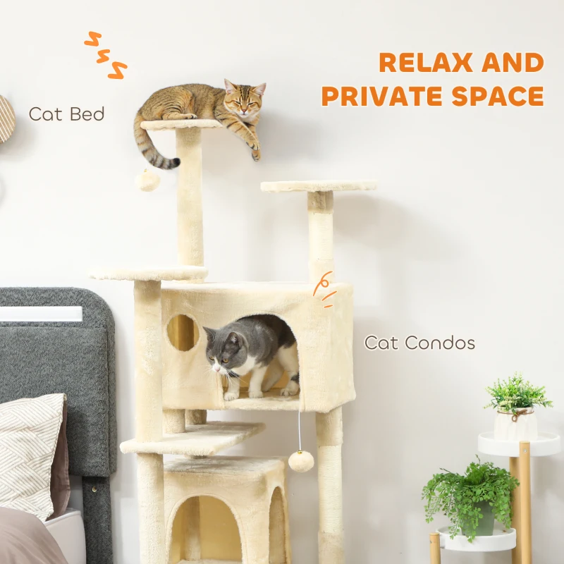 PawHut 63" Cat Tree, Multi-Level Cat Tower with Scratching Posts, Cat Condos, Bed, Platforms, Ramp, Toy Ball, Cream White