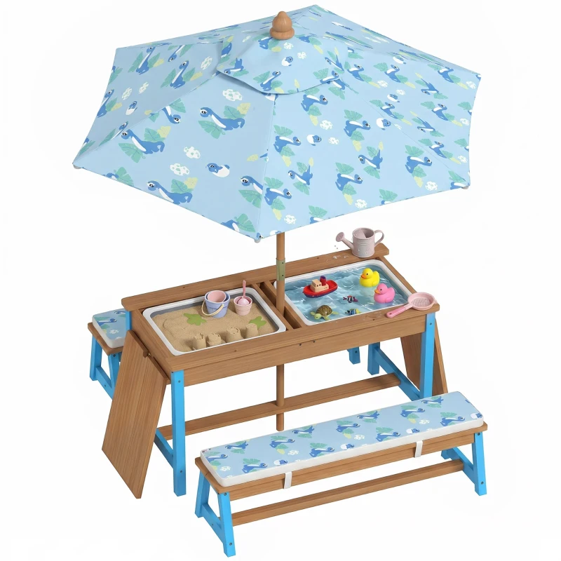 Qaba Kids Picnic Table Set with Foldable Umbrella, Removable Cushions & Boxes, Dinosaur Theme, Blue