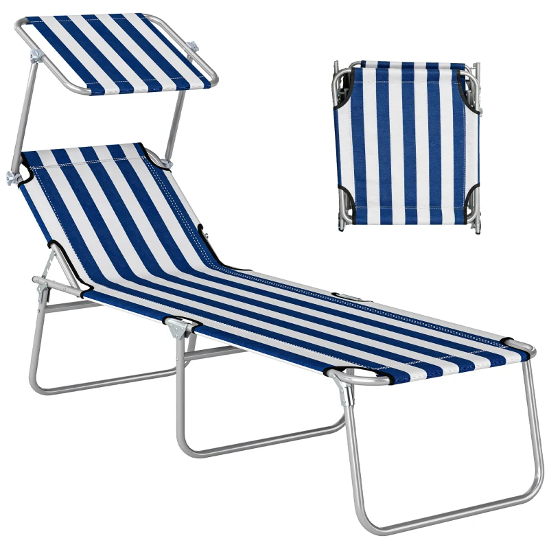 Outsunny Outdoor Pool Chaise Lounge Chair, Folding Tanning Chair with Sun Shade, Blue and White