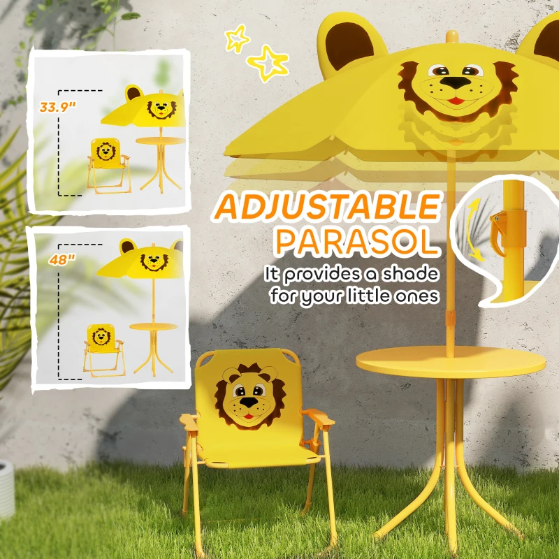 Qaba Kids Picnic Table and Chair Set, Outdoor Activity Table with Foldable Chairs, Height Adjustable Umbrella, Yellow