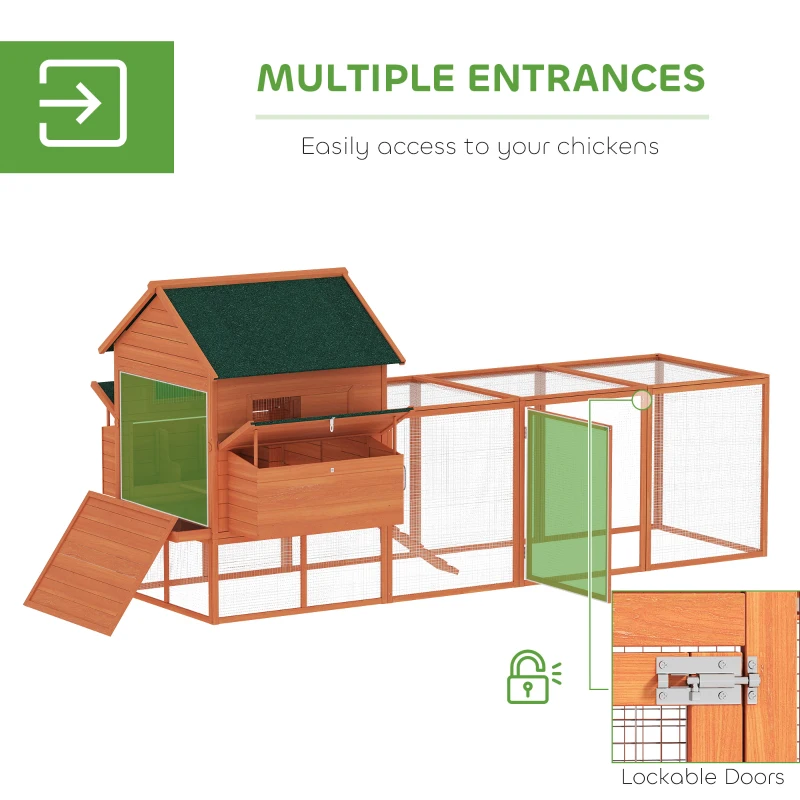 PawHut 137" Wooden Chicken Coop with Chicken Run, Nesting Box, Orange