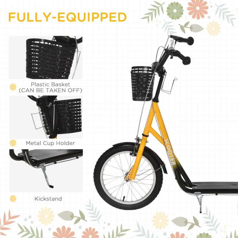 Aosom Youth Scooter, Kick Scooter with Adjustable Handlebars, Double Brakes, 16" Inflatable Rubber Tires, Basket, Cupholder, Orange