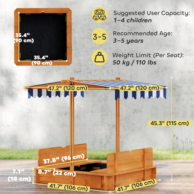 Outsunny Wooden Kids Sandbox with Cover, Sand Play Station with Foldable Bench Seats and Adjustable Canopy, Red