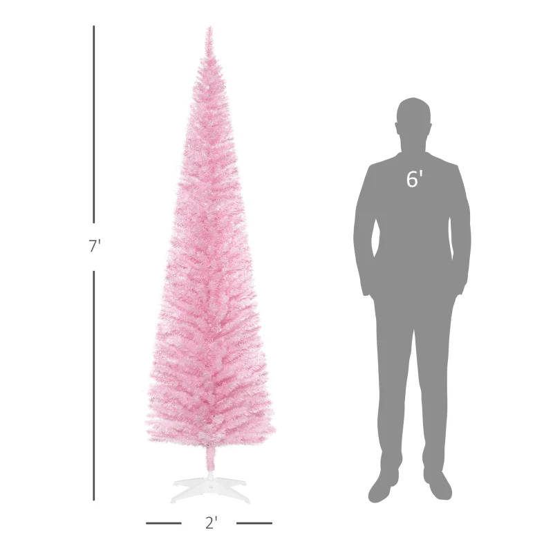 HOMCOM 7ft Unlit Pencil Artificial Christmas Tree with Realistic Branches and 499 Tips, Plastic Base, Pink