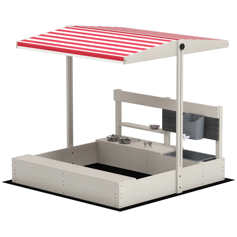 Outsunny Kids Sandbox with Cover Kitchen Playset Toys, Wooden Sand Box with Seat, Storage, for 3-7 Years Old, Grey