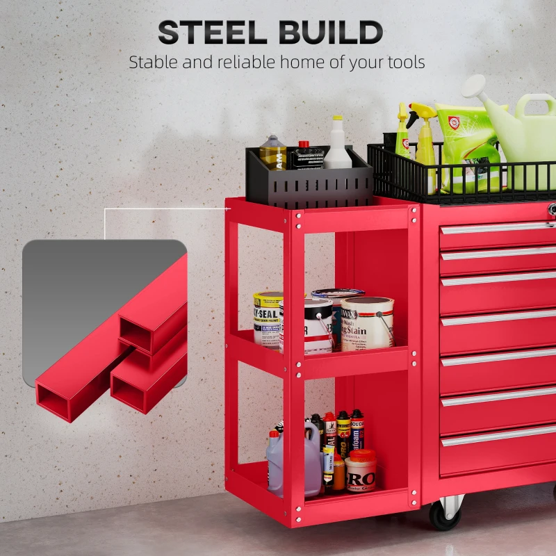 HOMCOM 7-Drawer Rolling Tool Chest with Detachable Side Shelf, Lockable Tool Cabinet Box Organizer with Wheels, Red