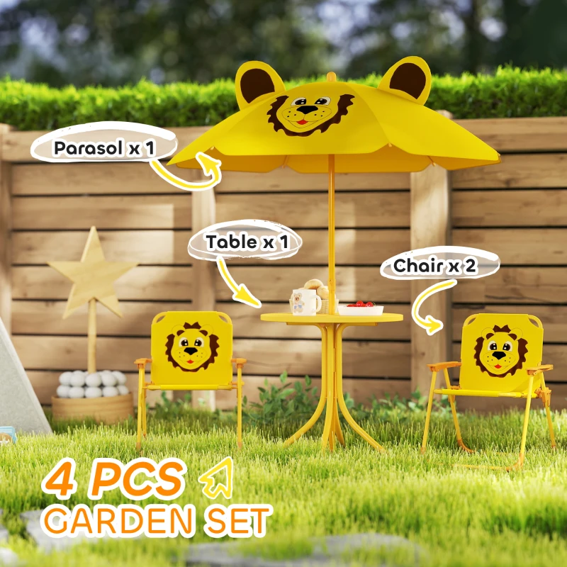Qaba Kids Picnic Table and Chair Set, Outdoor Activity Table with Foldable Chairs, Height Adjustable Umbrella, Yellow