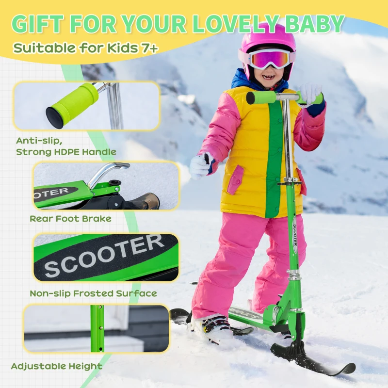 Qaba Snow Scooter, 2 in 1 Design Adjustable Height Scooter Snow Sled for Kids Aged Over 7 Years Old, Foldable Kids Sled Ski Scooter with Wheels Blades, Green