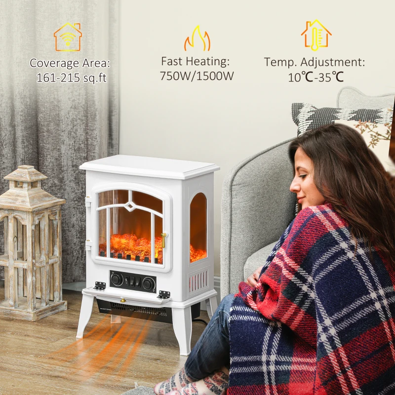 HOMCOM Electric Fireplace Heater Freestanding Fireplace Stove with 3-Side Realistic Flame Overheat Protection 750W/1500W, White