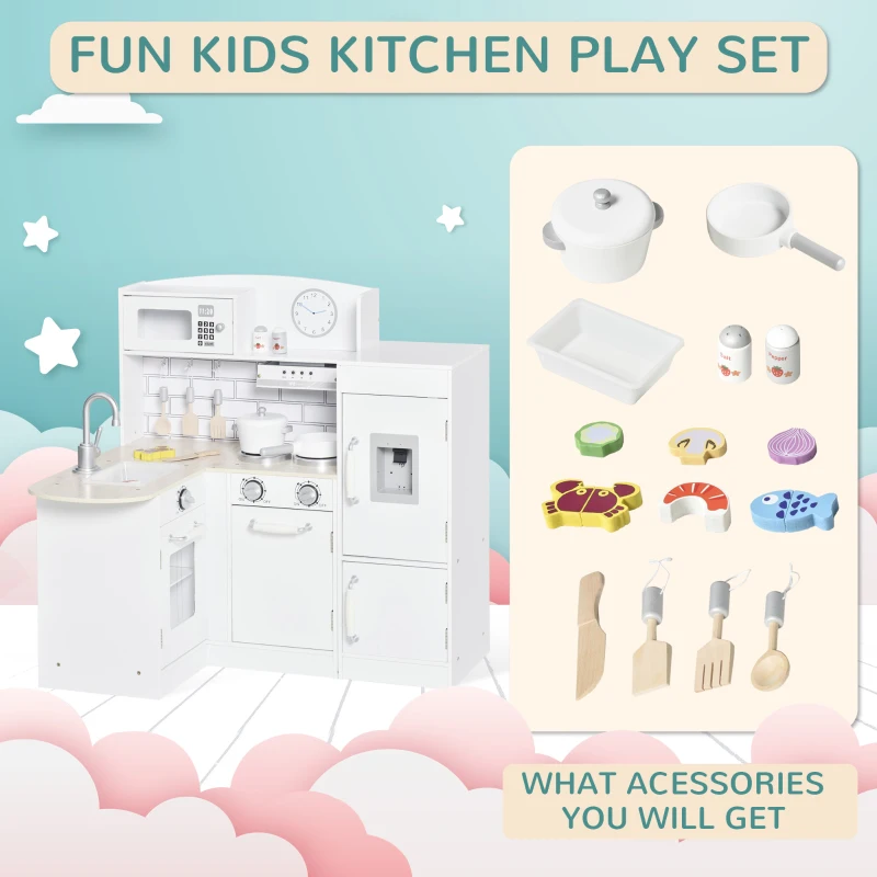 Qaba Corner Kids Kitchen Playset, Wooden Pretend Toy Kitchen Set with Drinking Fountain, Microwave, Fridge and Accessories, Pretend Play Kitchen for 3+ Years, White