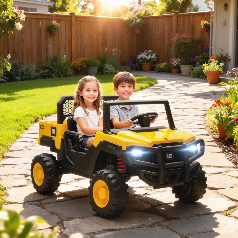 Qaba 24V Kids Ride on Tractor, 4WD 2 Seater Licensed Caterpillar Electric Vehicle with Remote Control, Dump Bed, Yellow