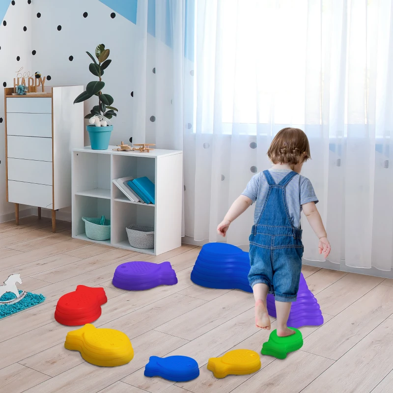 Outsunny 8pcs Balance Stepping Stones for Kids, Fish Style Non-slip Obstacle Course, Larger Size Stackable Balance Blocks Indoor Outdoor