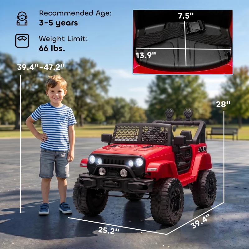 Aosom 12V Kids Ride On Truck with Parent Remote Control, Battery Powered Electric Car with Spring Suspension, Adjustable Speed, LED Lights and Horn, Red(m-3)