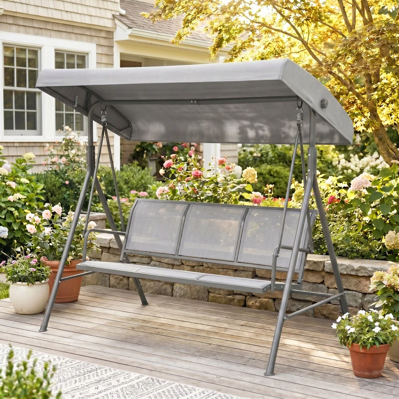 Outsunny 3-Seater Swing Chair Covered Garden Hammock A-Frame Outdoor Porch Glider Sling Seat with Adjustable Canopy Cover, Grey