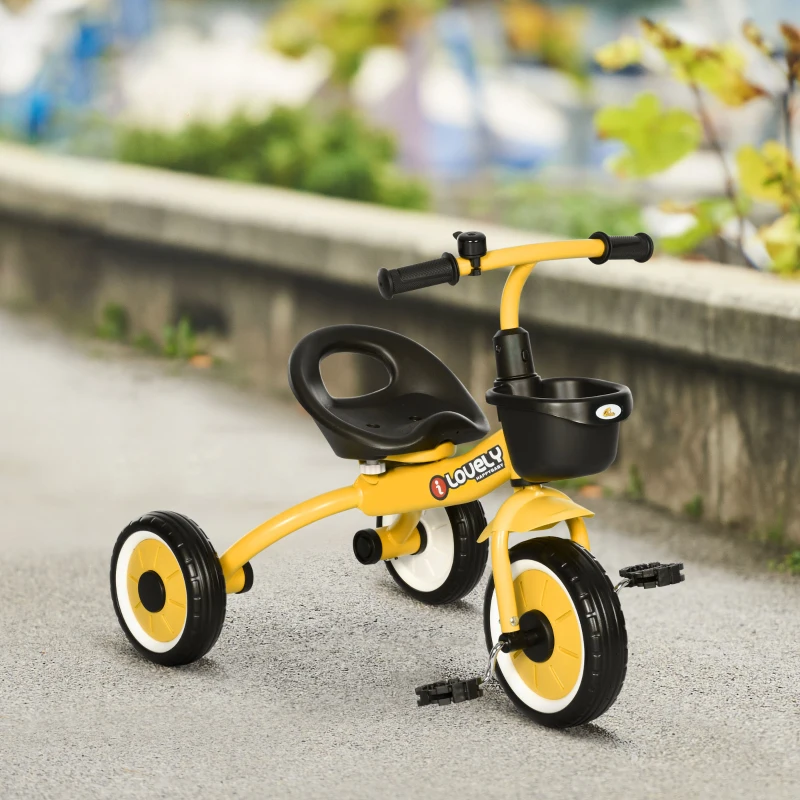 Qaba Tricycle for Toddler 2-5 Year Old Girls and Boys, Toddler Trike with Adjustable Seat, Basket, Bell, Yellow