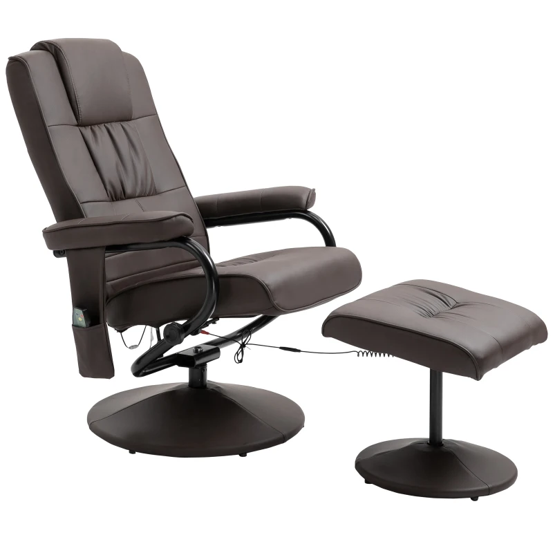 HOMCOM Massaging Faux Leather Recliner Chair and Ottoman Set, Swivel Vibration Massage Lounge Chair with Remote Control for Living Room, Bedroom, or Office, Brown