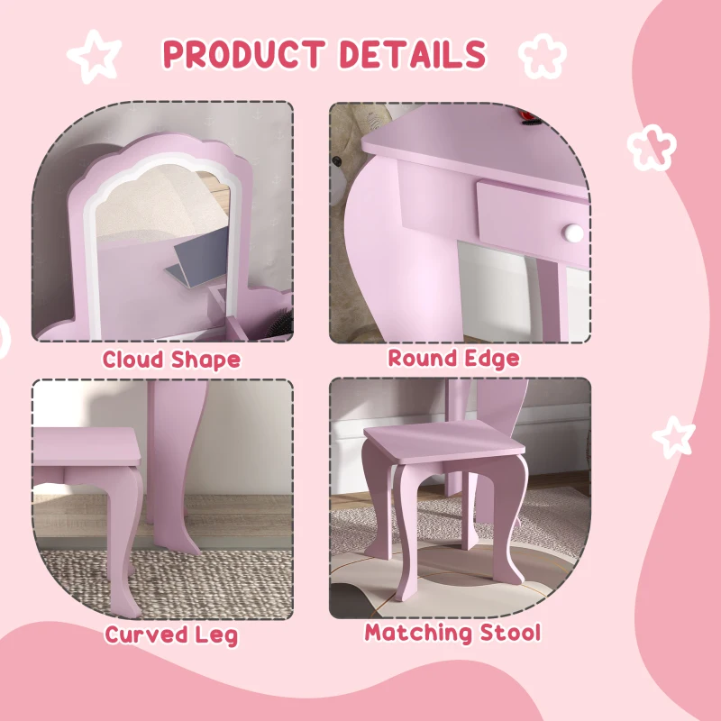Qaba Makeup Vanity with Mirror and Stool, Cloud Design, Drawer, Storage Boxes, for 3-6 Years Old, Pink