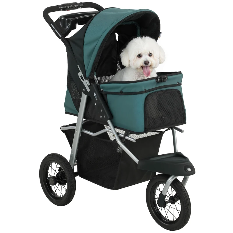 PawHut Dog Stroller, Foldable Dog Stroller with 12" Rubber Wheels for Small Dogs, Up to 22 LBS, Dark Green