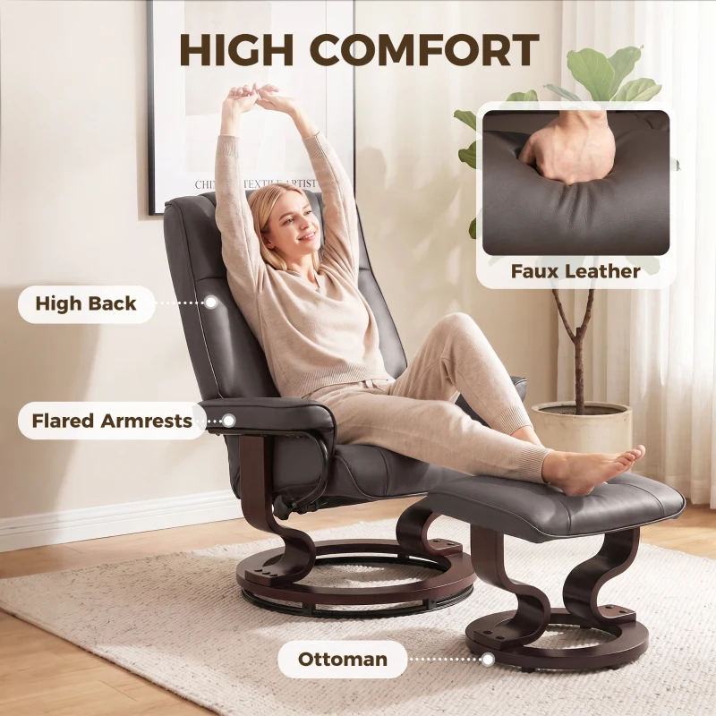 HOMCOM Faux Leather Reclining Chair with Ottoman, Manual Recliner with Tufted Back and Wood Frame for Living Room, Brown