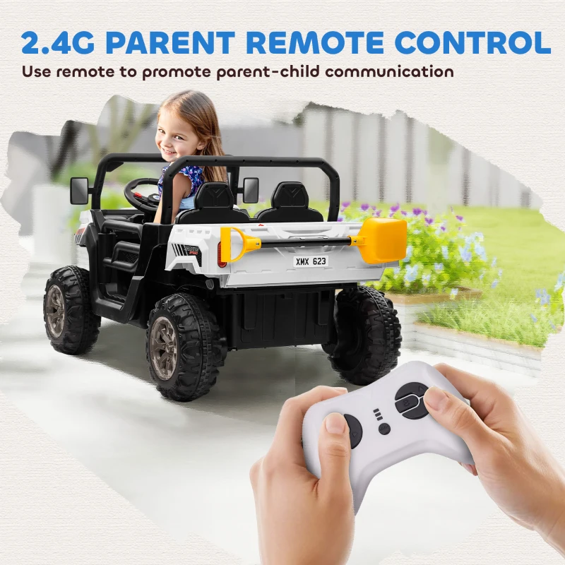 Aosom 12V Ride on Car with Electric Bucket, Two-Seater, Shovel, Remote Control, Spring Suspension, Horn, Music, White