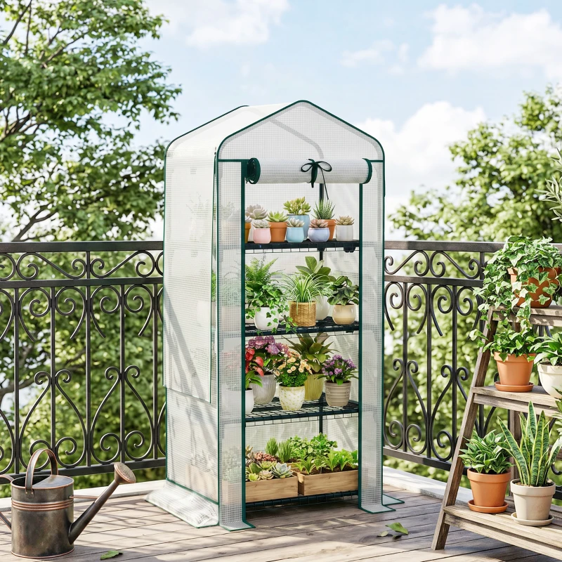Outsunny Mini Greenhouse with Screen Roof, 4 Tier Portable Small Greenhouse with High Strength PE Cover, White
