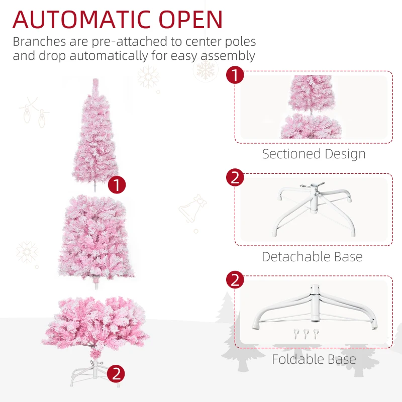 HOMCOM 6ft Tall Unlit Snow Flocked Artificial Christmas Tree Slim Pencil Xmas Tree with Pine Shape and Realistic Branches, Pink