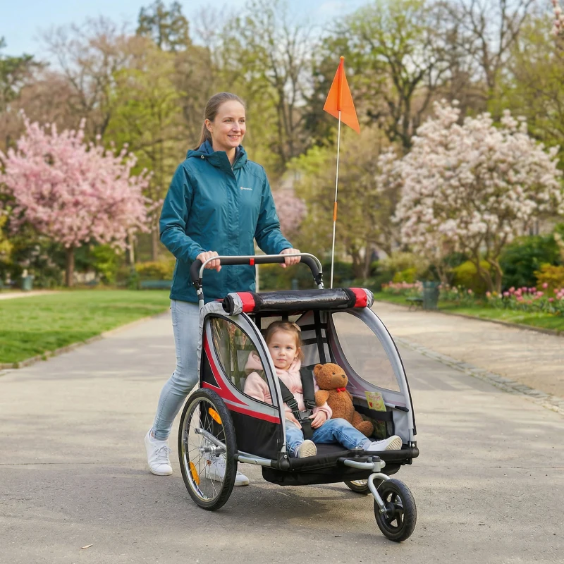 Aosom 2 Seat Bike Trailer for Kids 2-in-1 Double Baby Stroller with Handbrake, Rubber Wheels, 5 Point Harness, Waterproof Cover, Storage Bag, Reflectors, Red
