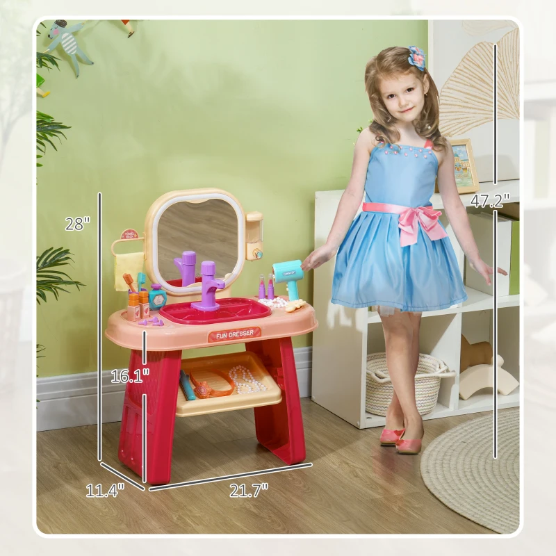 Qaba Kids Vanity Set with Mirror, LED Light, Music, 23 Accessories, Pretend Play Set for Girls 3-6 Years, Pink