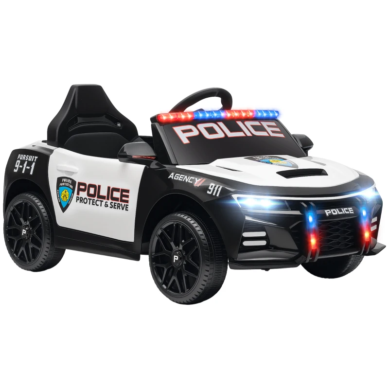 Qaba Kids Electric Ride on Police Car with Remote Control, Sirens, Flashing Lights, Music, Horn, Shock Absorbers, White