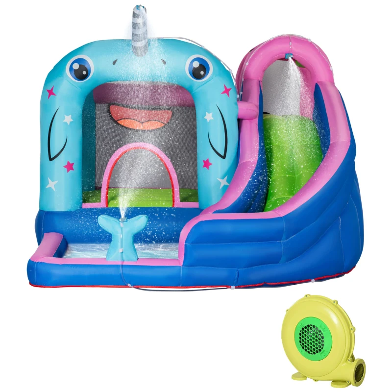 Outsunny 5-in-1 Inflatable Water Slide, Narwhal Theme Bounce House with Climbing Wall, Water Cannon, Water Pool, Trampoline, Repair Patch and 450W Air Blower