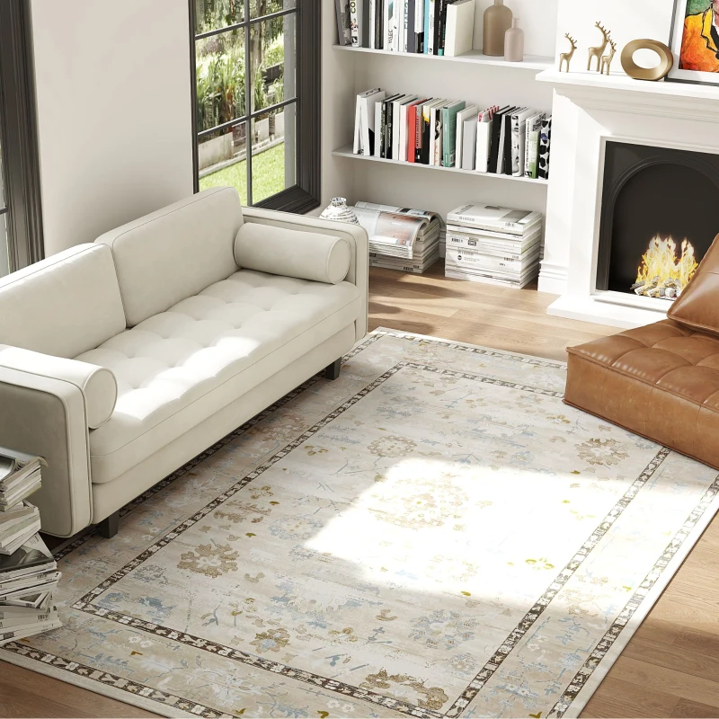 HOMCOM 9x12 Area Rug, Indoor Boho Machine Washable Carpet for Living Room, Bedroom, Dining Room, Kitchen, Blue