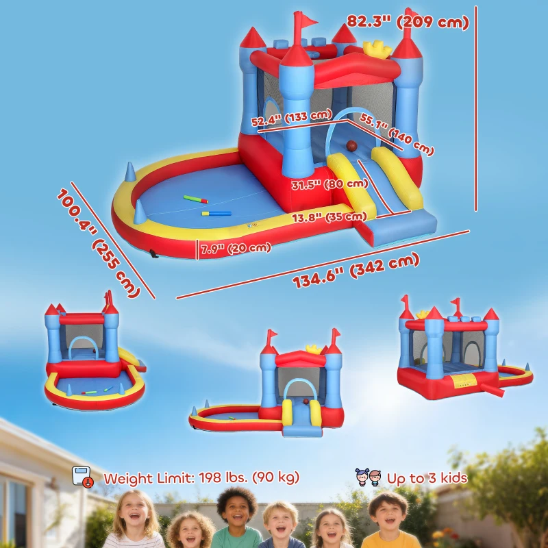 Qaba Bouncy Castle for Kids, Inflatable Bounce House with Slide, Pool/Ball Pit, Basketball Hoop and Blower for Indoor Outdoor