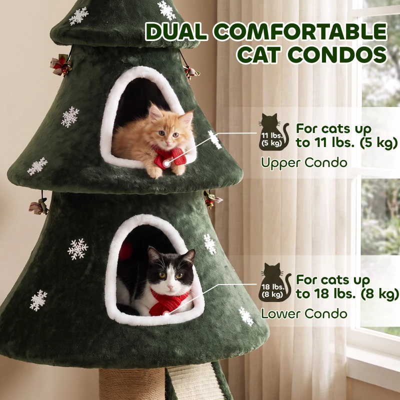 PawHut 52" Christmas Cat Tree, 2-Tier Cat Tower with Dual Condos, Scratching Posts, Sisal Ladder, Anti-Tip Rope