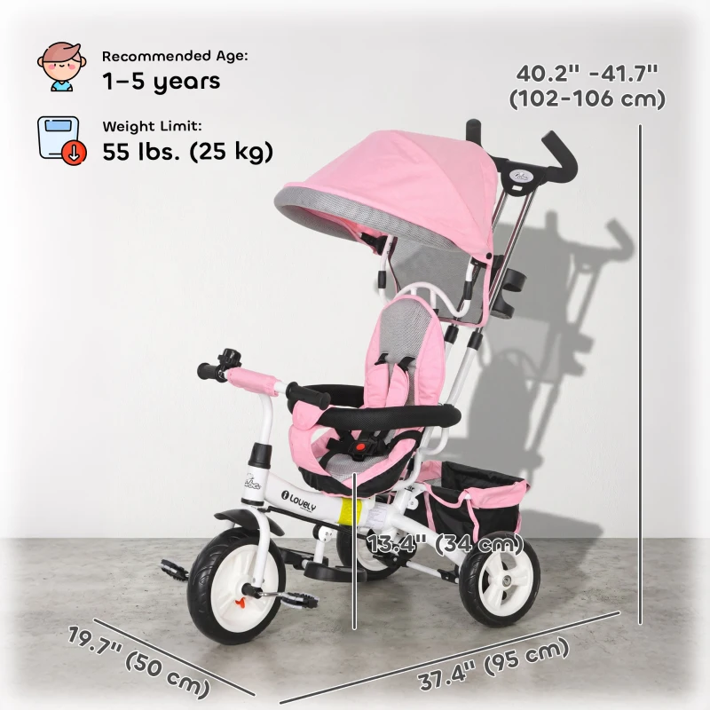 Qaba 6 in 1 Toddler Tricycle Stroller with Basket, Canopy, 5-point Safety Harness, for 12-60 Months, Pink