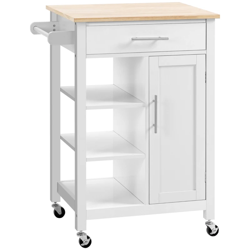 HOMCOM Kitchen Island Cart, Rolling Kitchen Island with Storage Shelf, Solid Wood Top, Drawer, for Dining Room, White